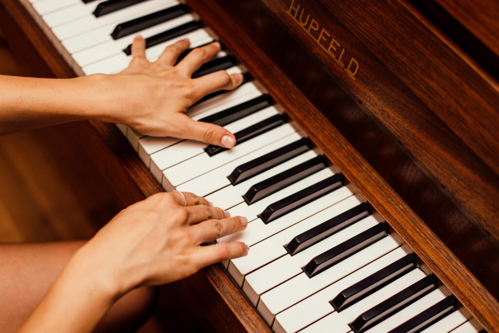 Instruments for music lessons in Woodland, CA including piano, guitar, violin, and drums